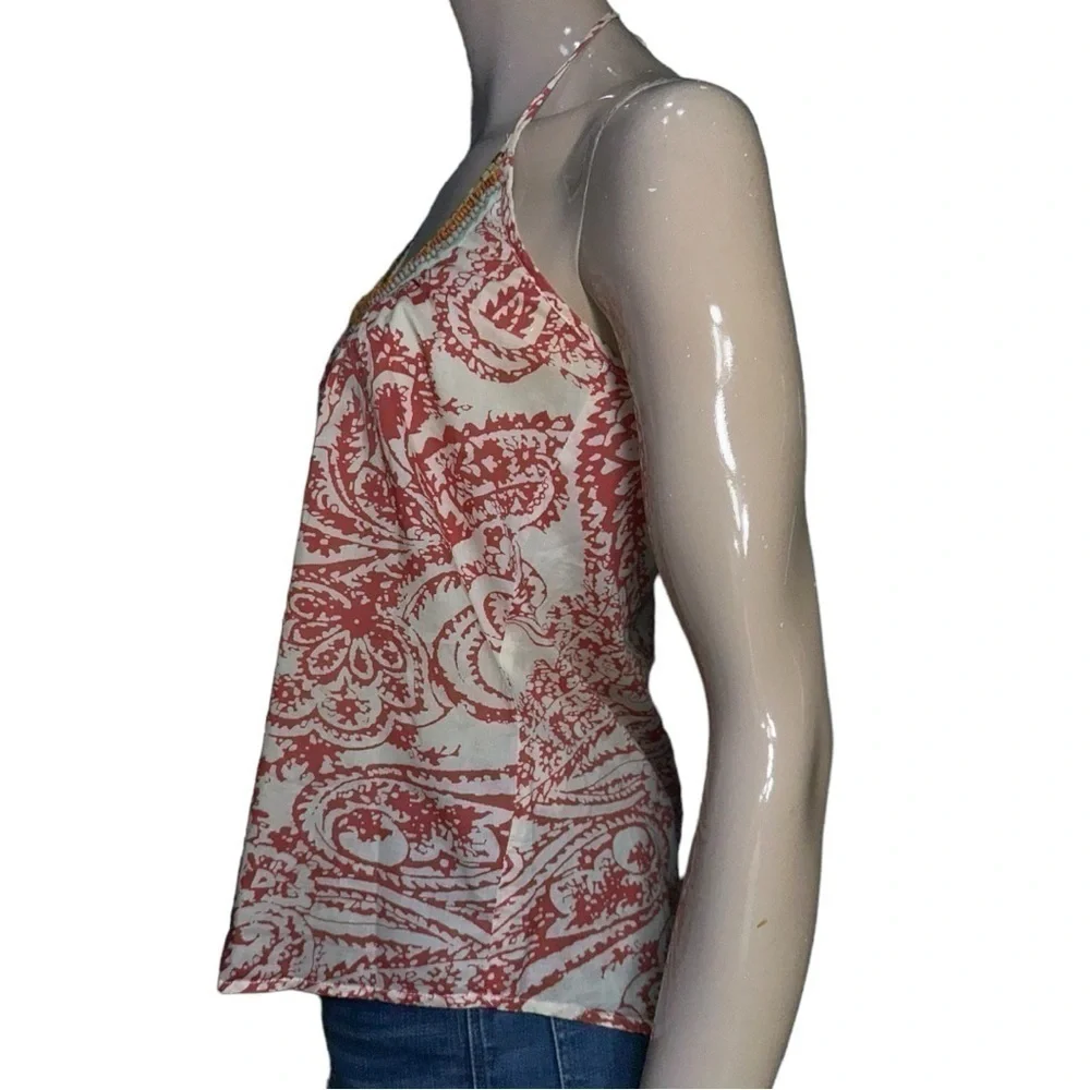Fourtys Anthropologie S Red White Paisley Print Wooden Bead Neckline Halter Top